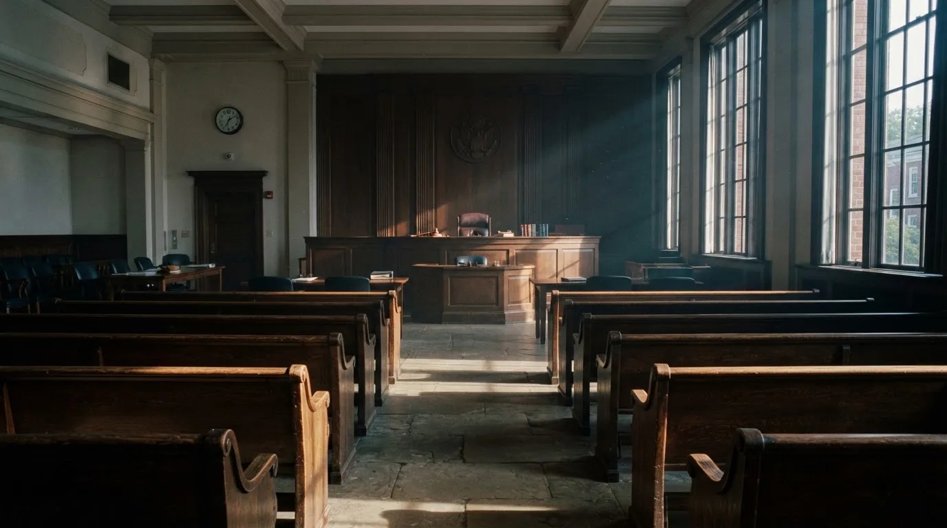 An empty courtroom with wooden benches in morning light