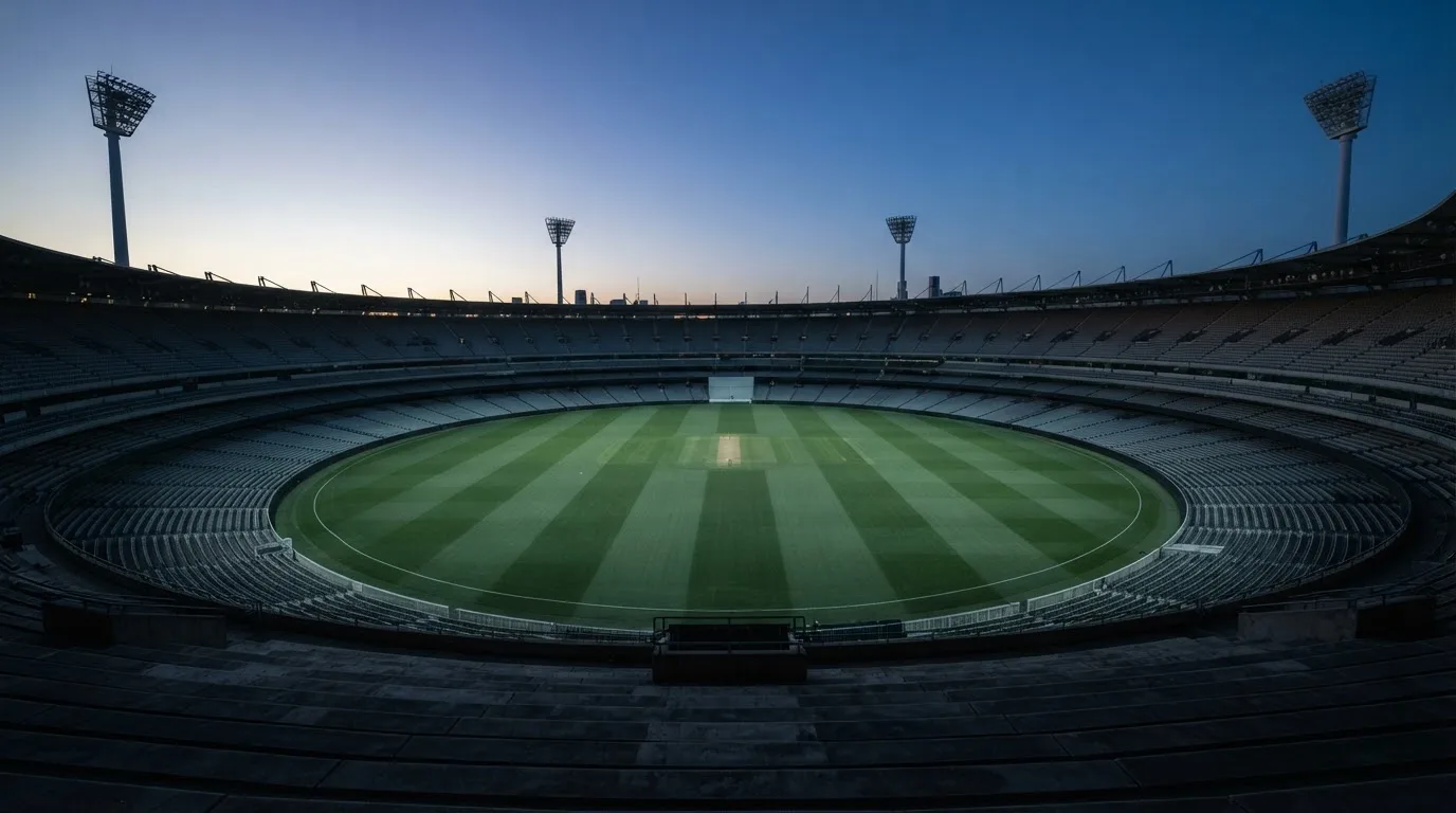 An empty football stadium with floodlight masts at dusk
