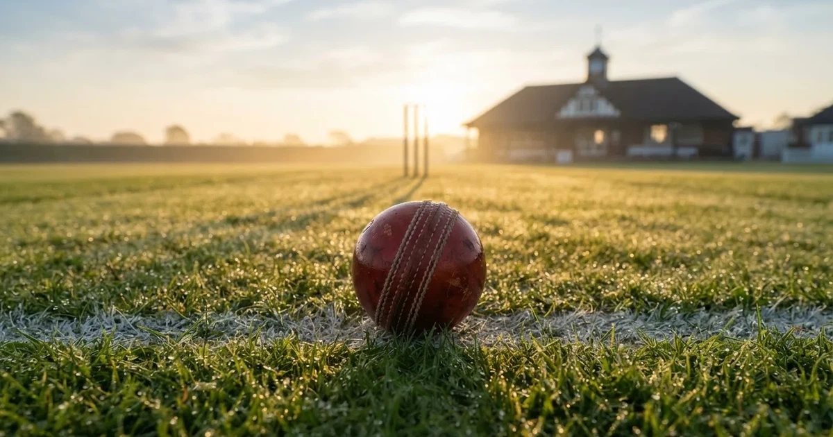 A ball on the centre spot of a grass pitch in morning light