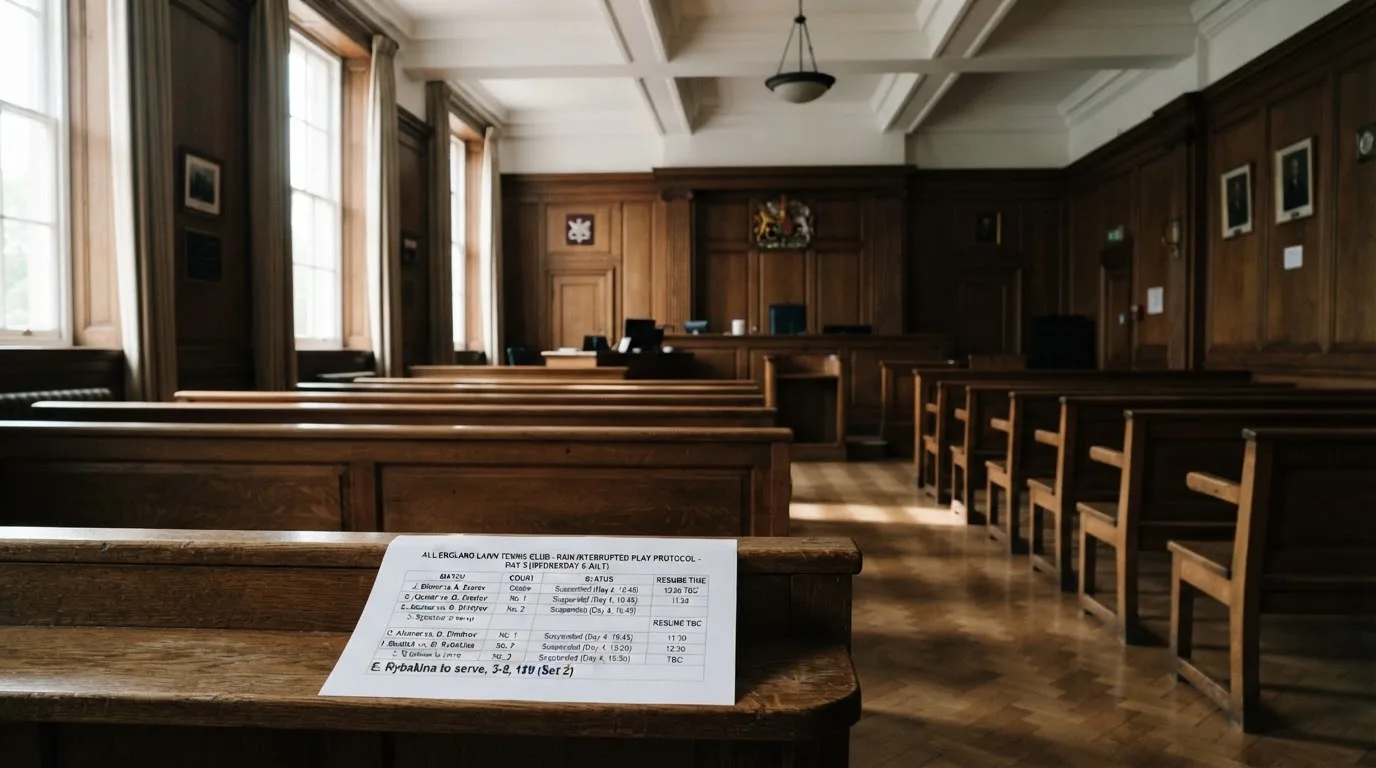 An empty courtroom with wooden benches in morning light