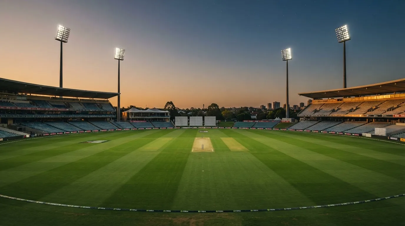 An empty football stadium with floodlight masts at dusk