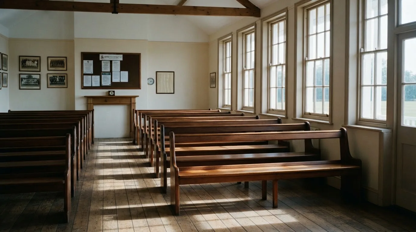 An empty courtroom with wooden benches in morning light