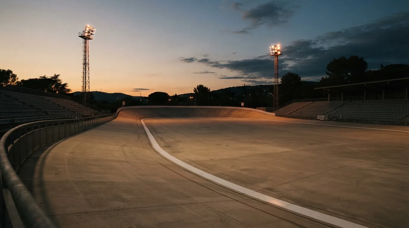 An empty football stadium with floodlight masts at dusk