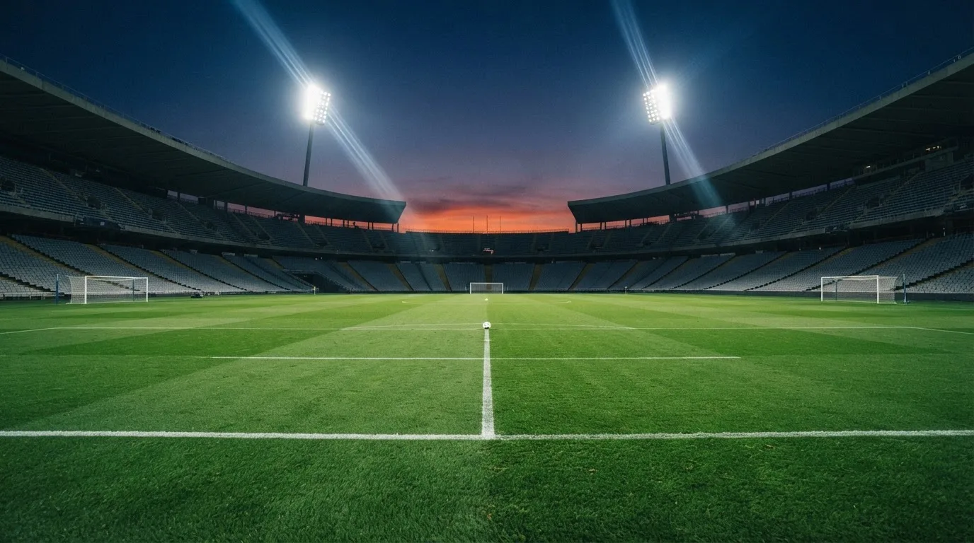 An empty football stadium with floodlight masts at dusk