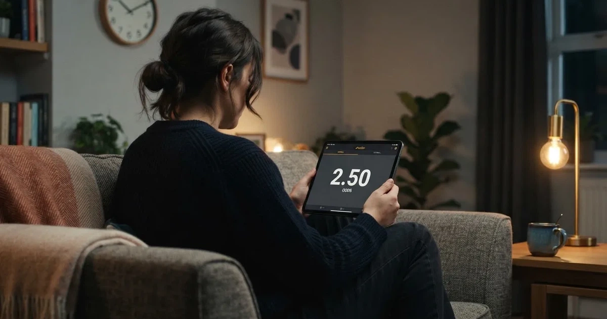 A person on a sofa looking thoughtfully at a tablet, a wall clock in the background