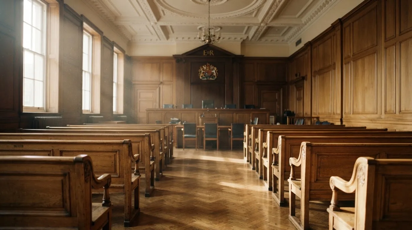 An empty courtroom with wooden benches in morning light