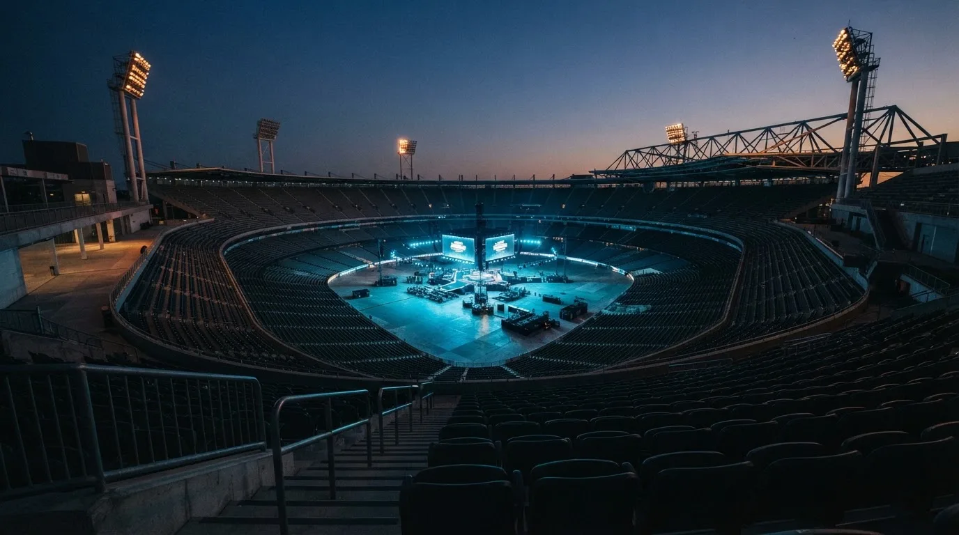 An empty football stadium with floodlight masts at dusk