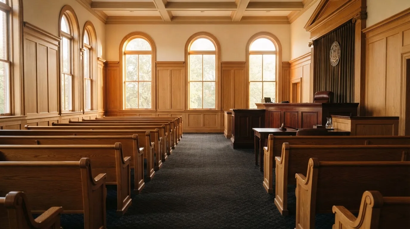 An empty courtroom with wooden benches in morning light