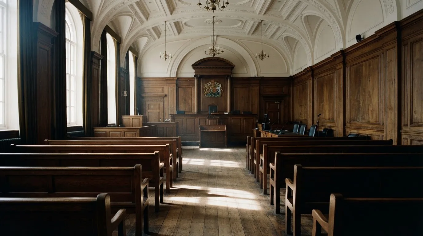 An empty courtroom with wooden benches in morning light