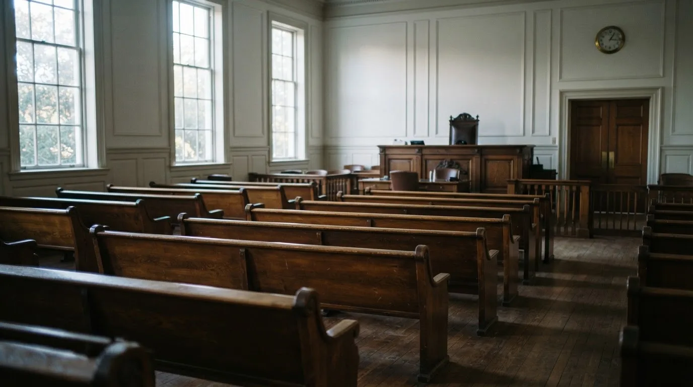An empty courtroom with wooden benches in morning light