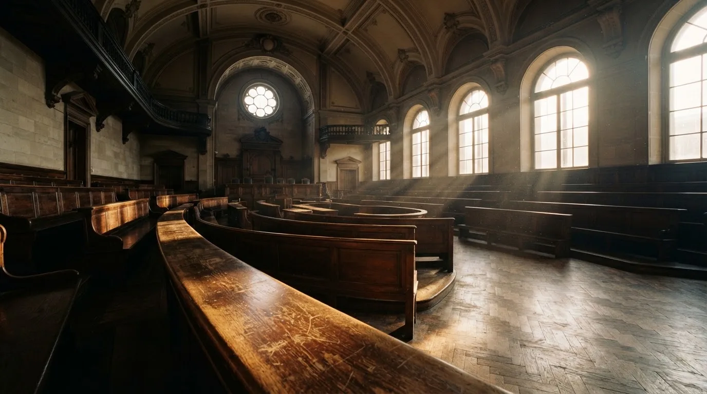 An empty courtroom with wooden benches in morning light