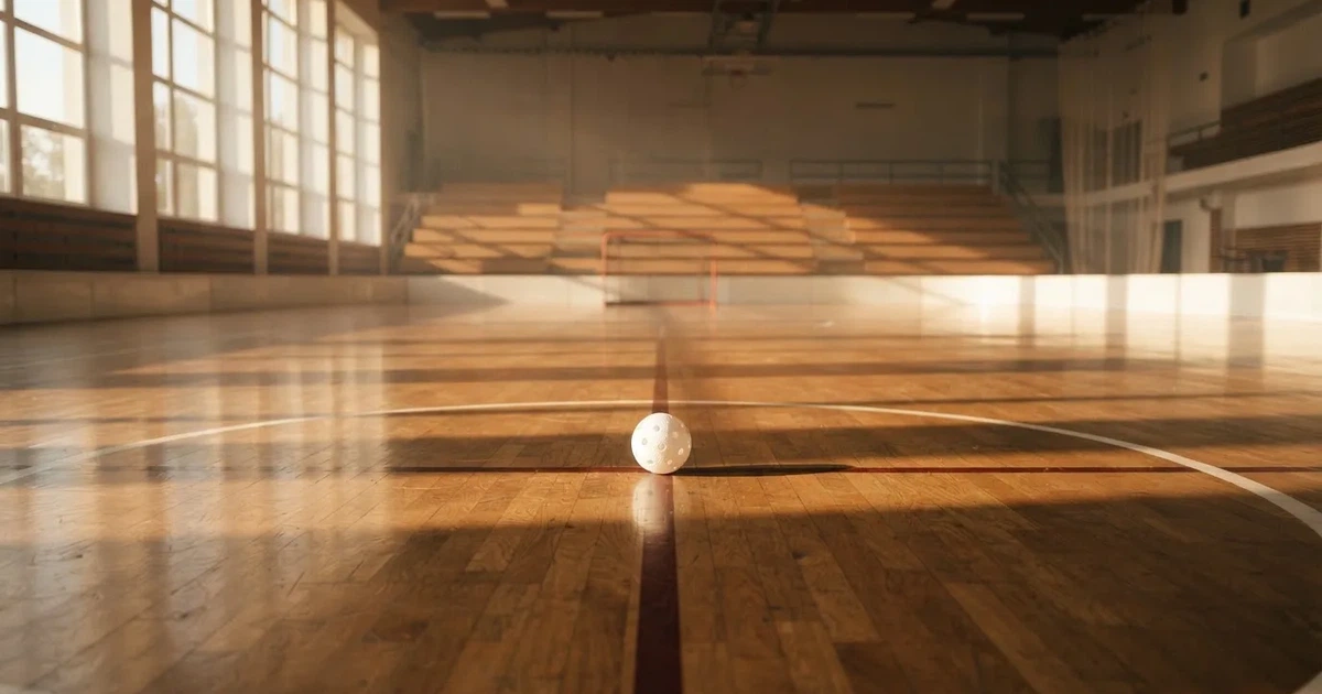 A ball on the centre spot of a grass pitch in morning light