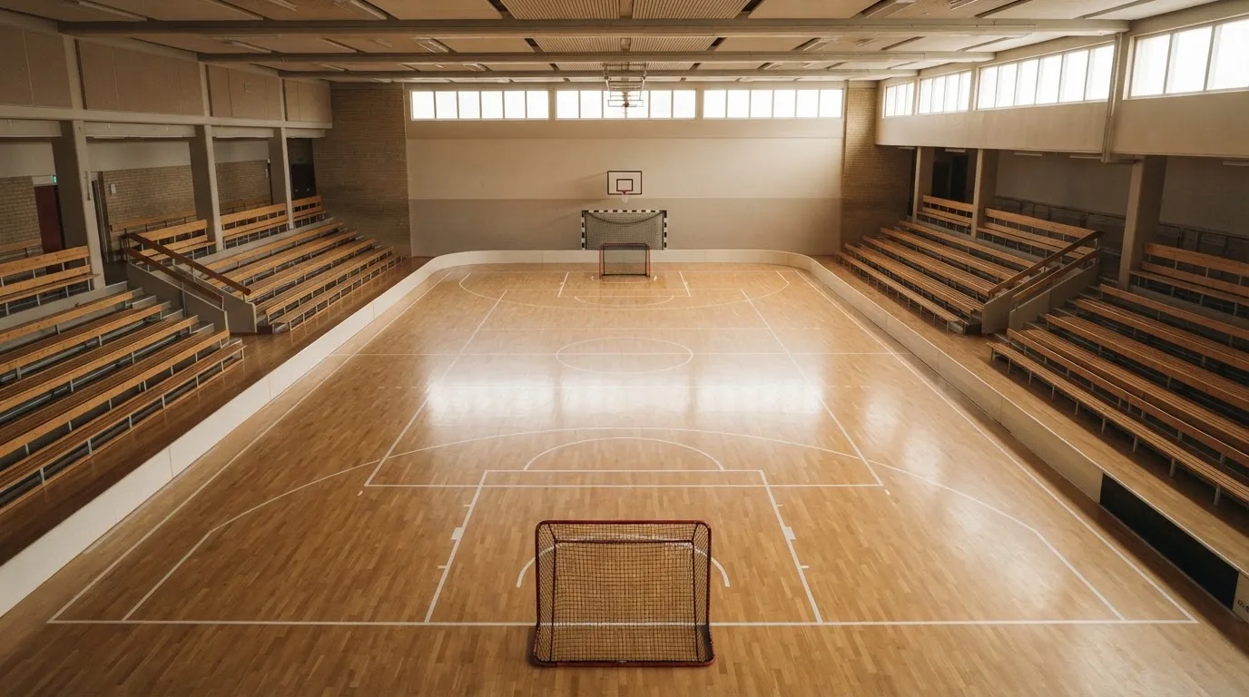 An empty courtroom with wooden benches in morning light