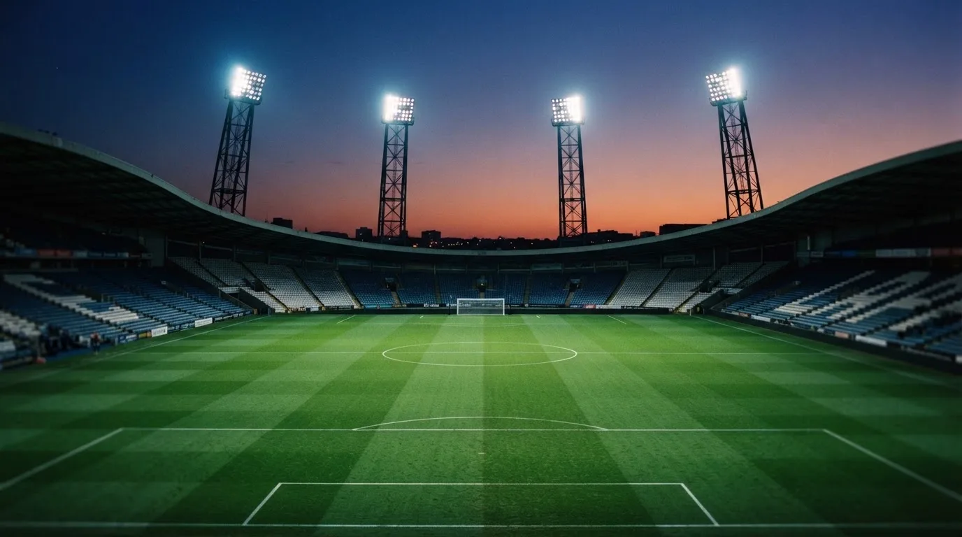 An empty football stadium with floodlight masts at dusk