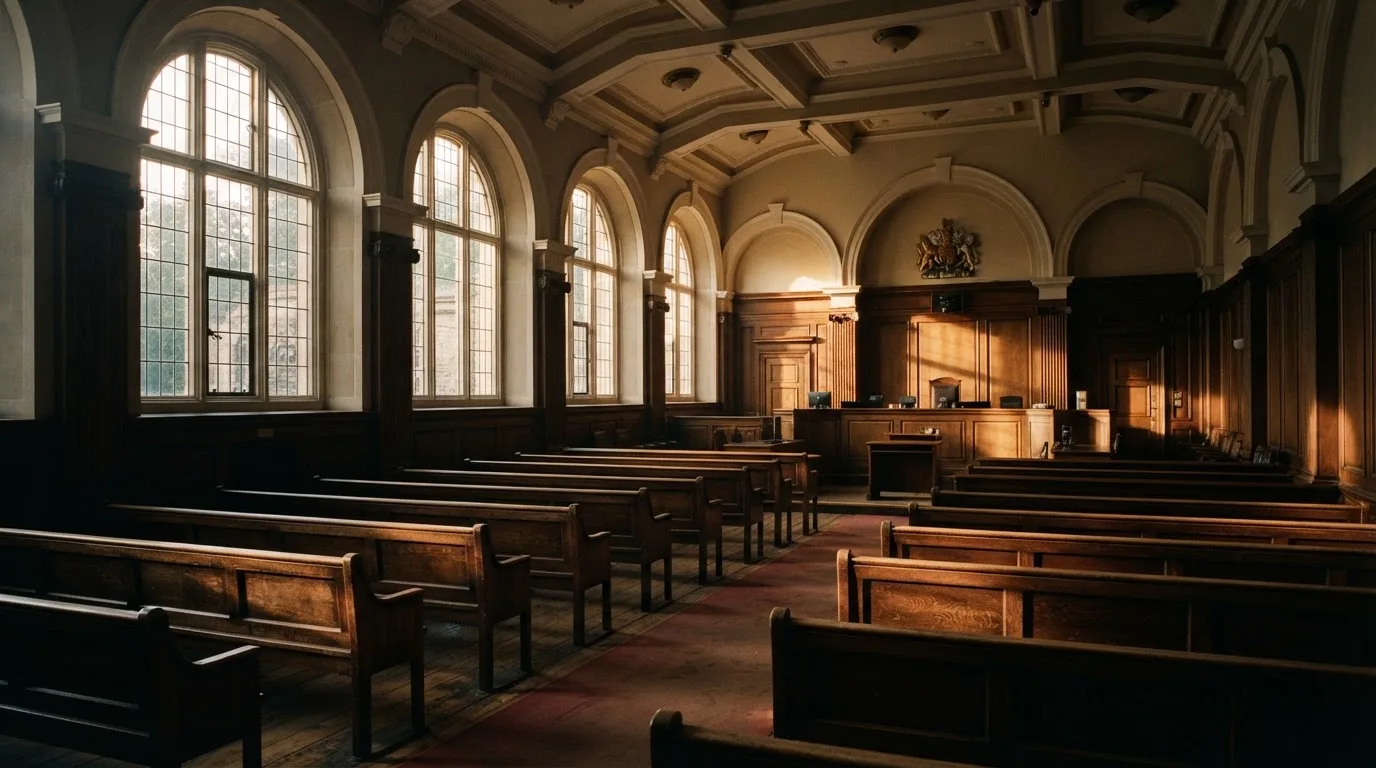 An empty courtroom with wooden benches in morning light