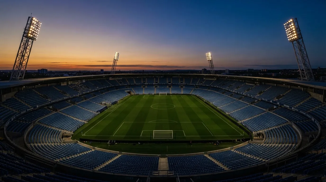 An empty football stadium with floodlight masts at dusk