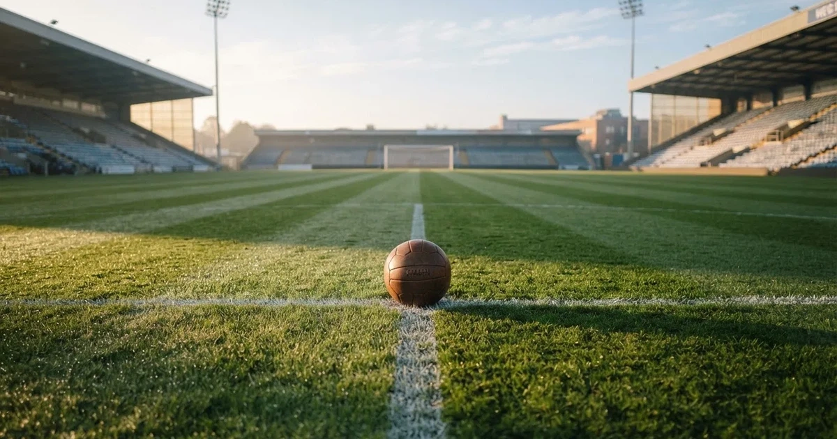 A ball on the centre spot of a grass pitch in morning light