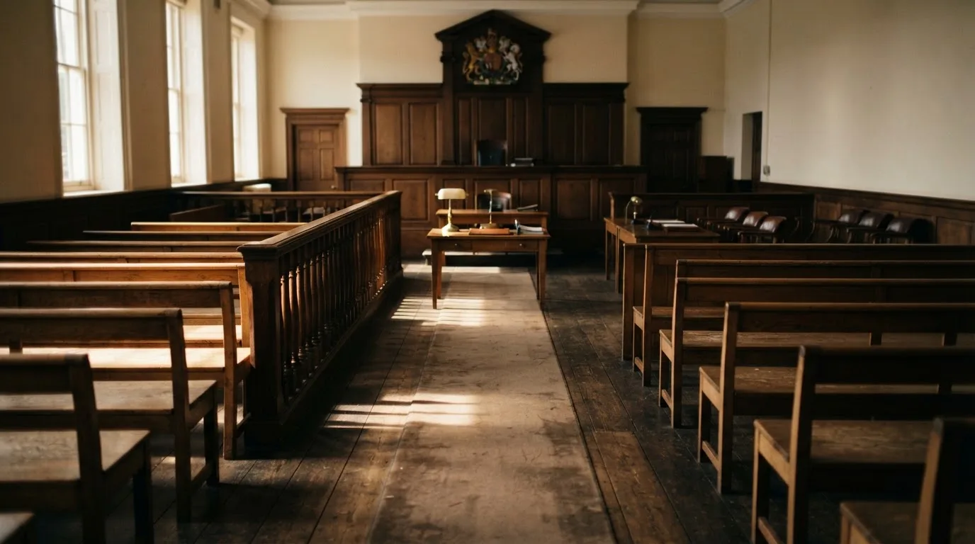 An empty courtroom with wooden benches in morning light