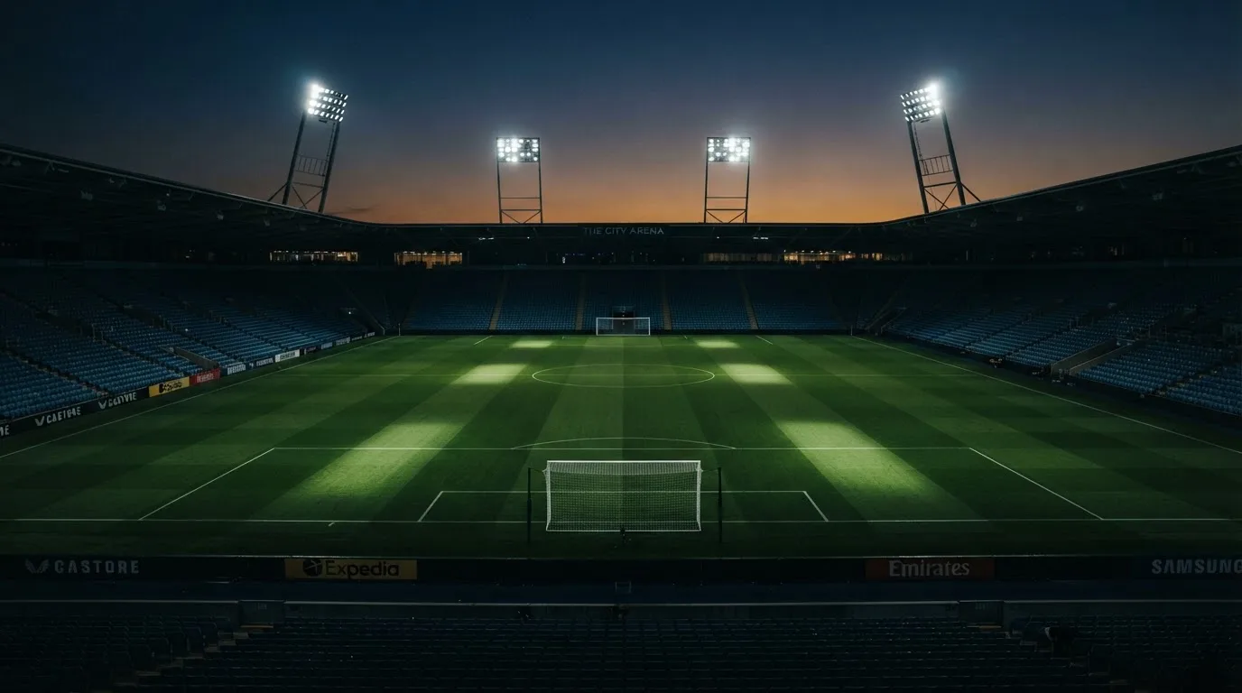 An empty football stadium with floodlight masts at dusk
