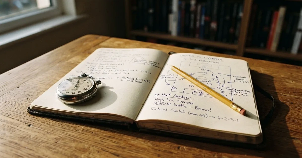 An open notebook with a pencil and a stopwatch on a wooden table