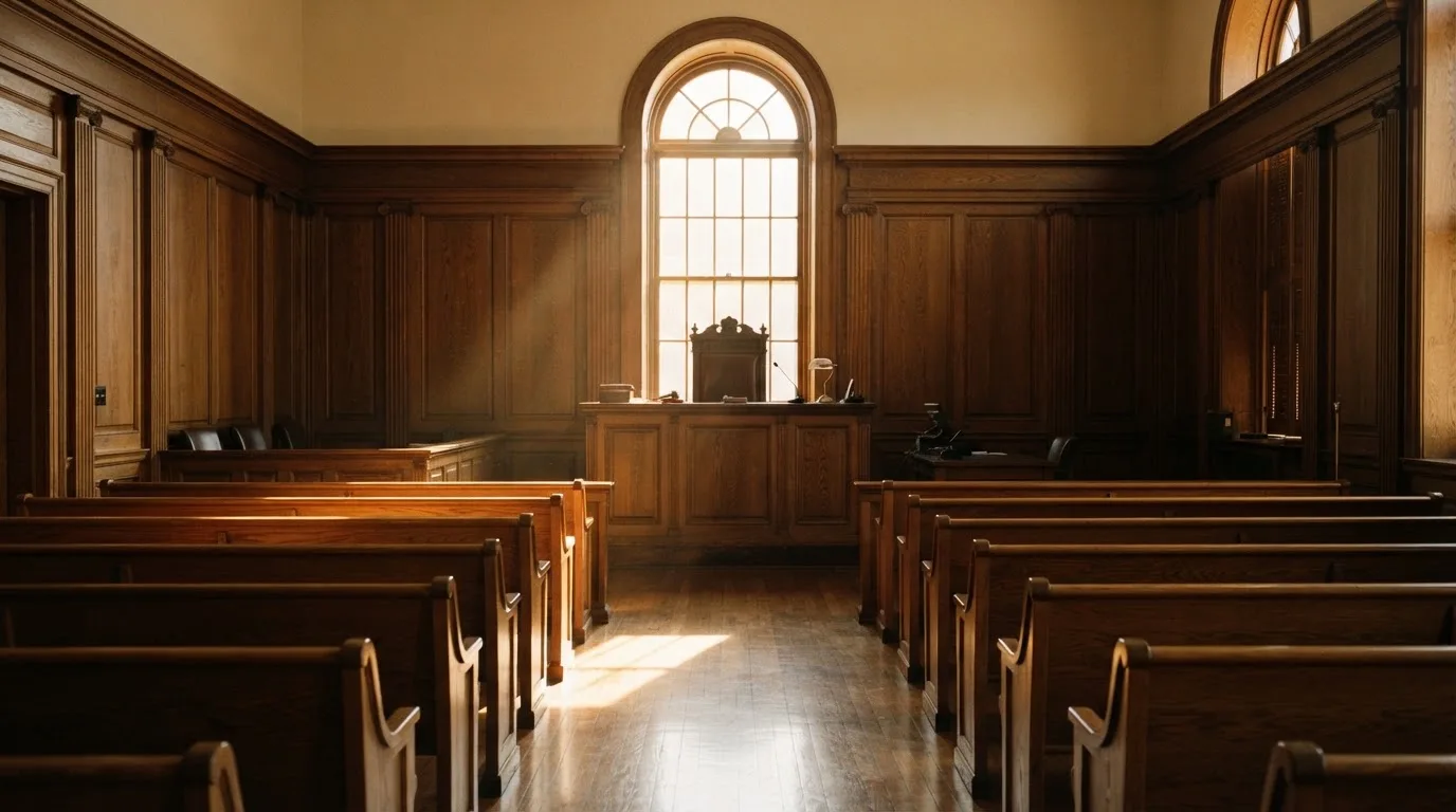 An empty courtroom with wooden benches in morning light