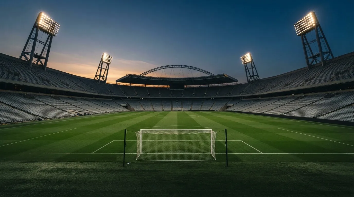 An empty football stadium with floodlight masts at dusk