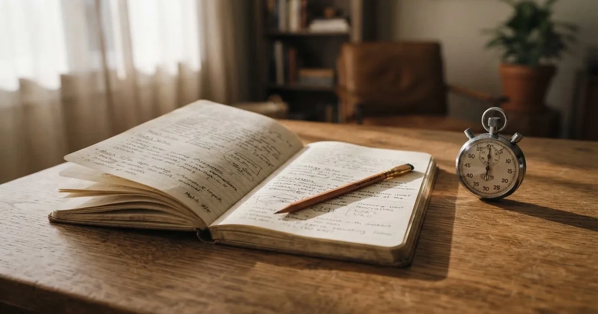 An open notebook with a pencil and a stopwatch on a wooden table