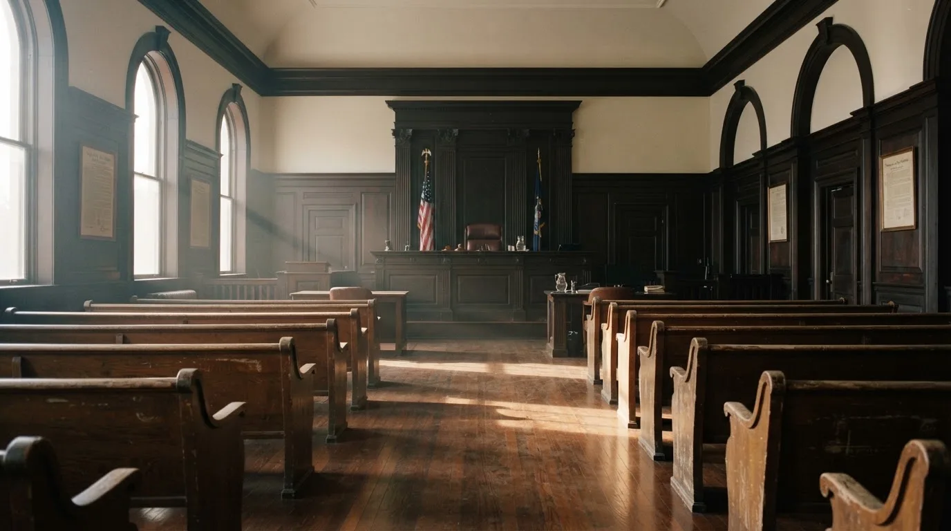 An empty courtroom with wooden benches in morning light