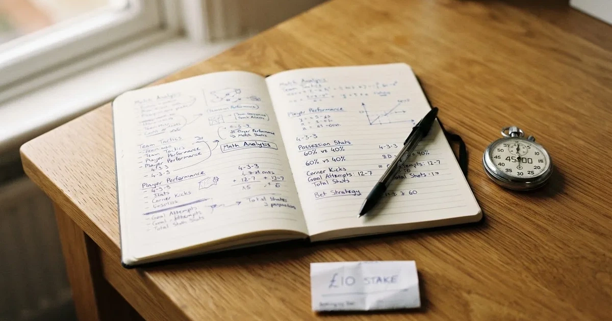 An open notebook with a pencil and a stopwatch on a wooden table