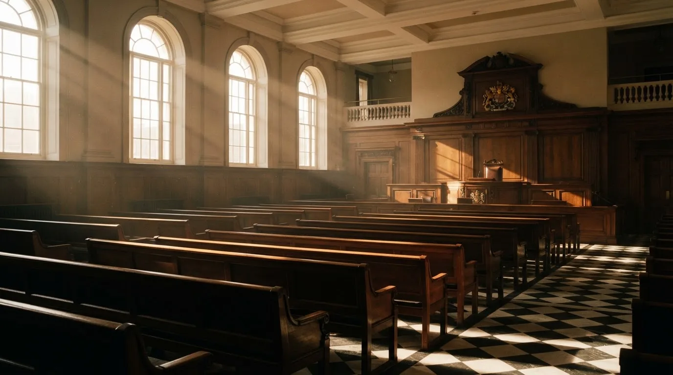 An empty courtroom with wooden benches in morning light
