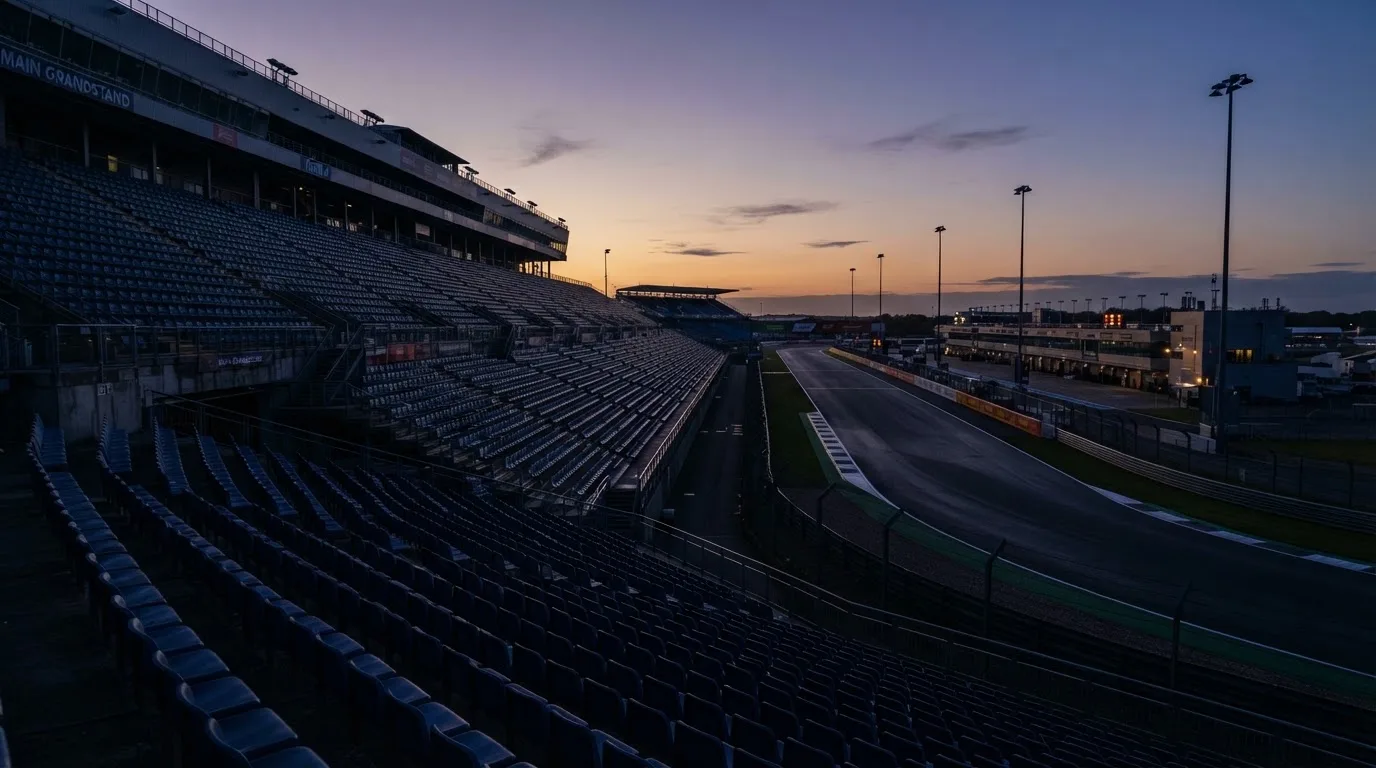 An empty football stadium with floodlight masts at dusk
