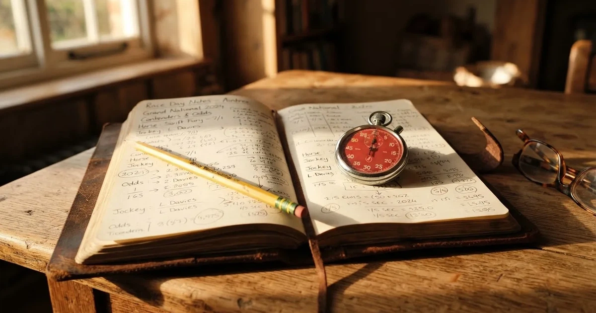 An open notebook with a pencil and a stopwatch on a wooden table