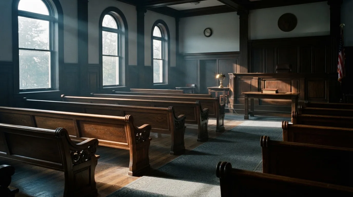 An empty courtroom with wooden benches in morning light