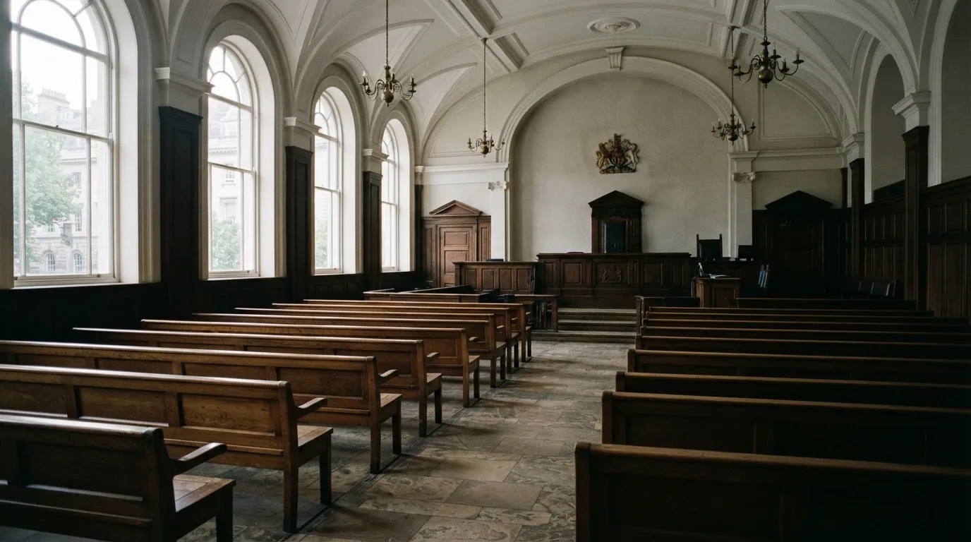 An empty courtroom with wooden benches in morning light