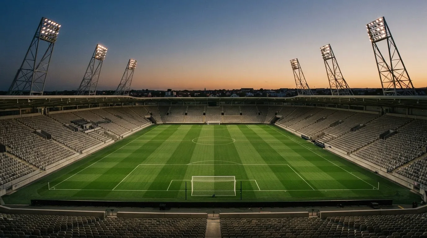 An empty football stadium with floodlight masts at dusk