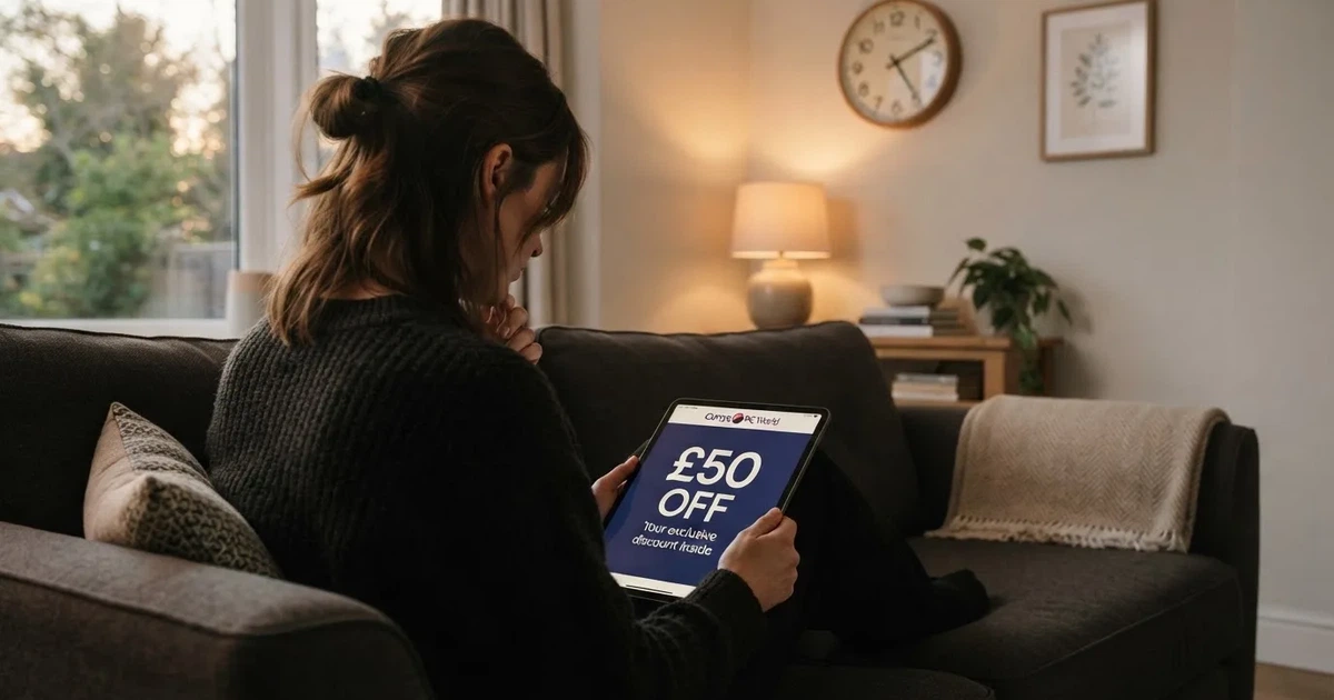 A person on a sofa looking thoughtfully at a tablet, a wall clock in the background