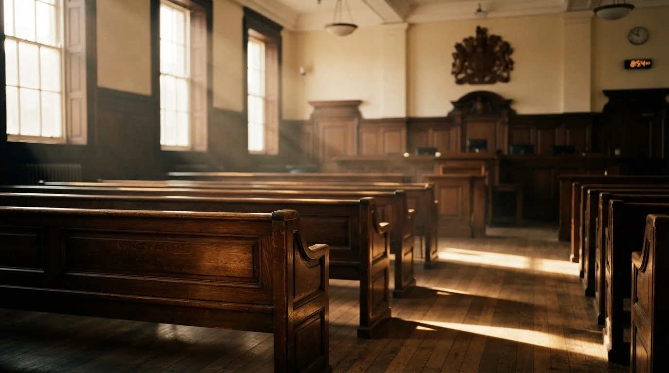 An empty courtroom with wooden benches in morning light