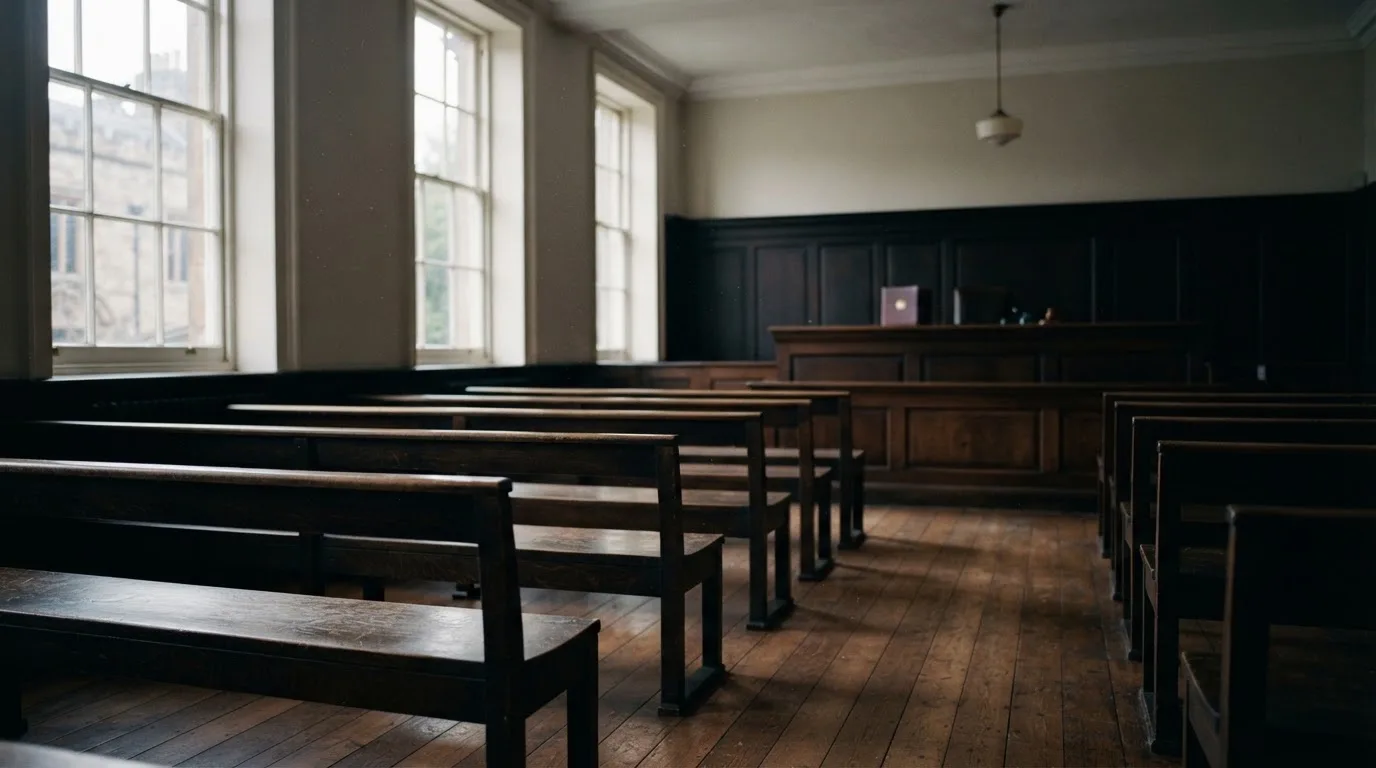 An empty courtroom with wooden benches in morning light