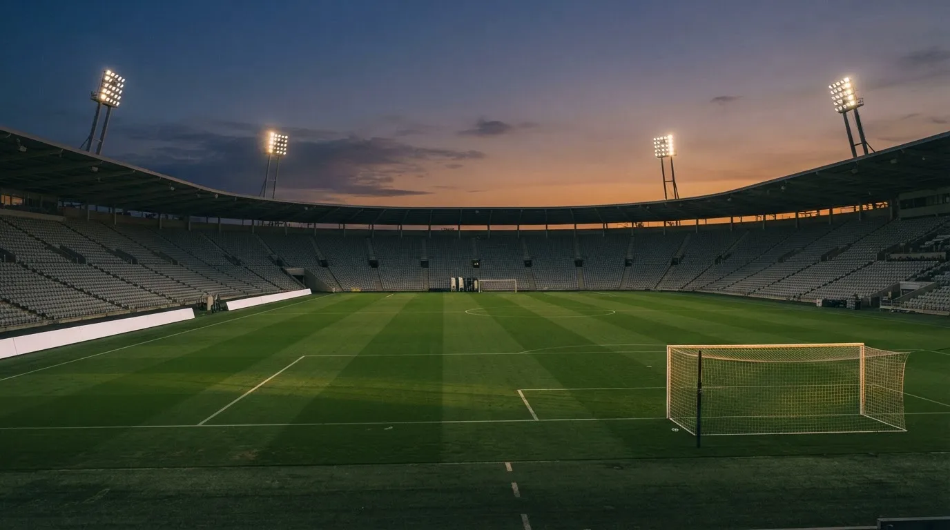 An empty football stadium with floodlight masts at dusk