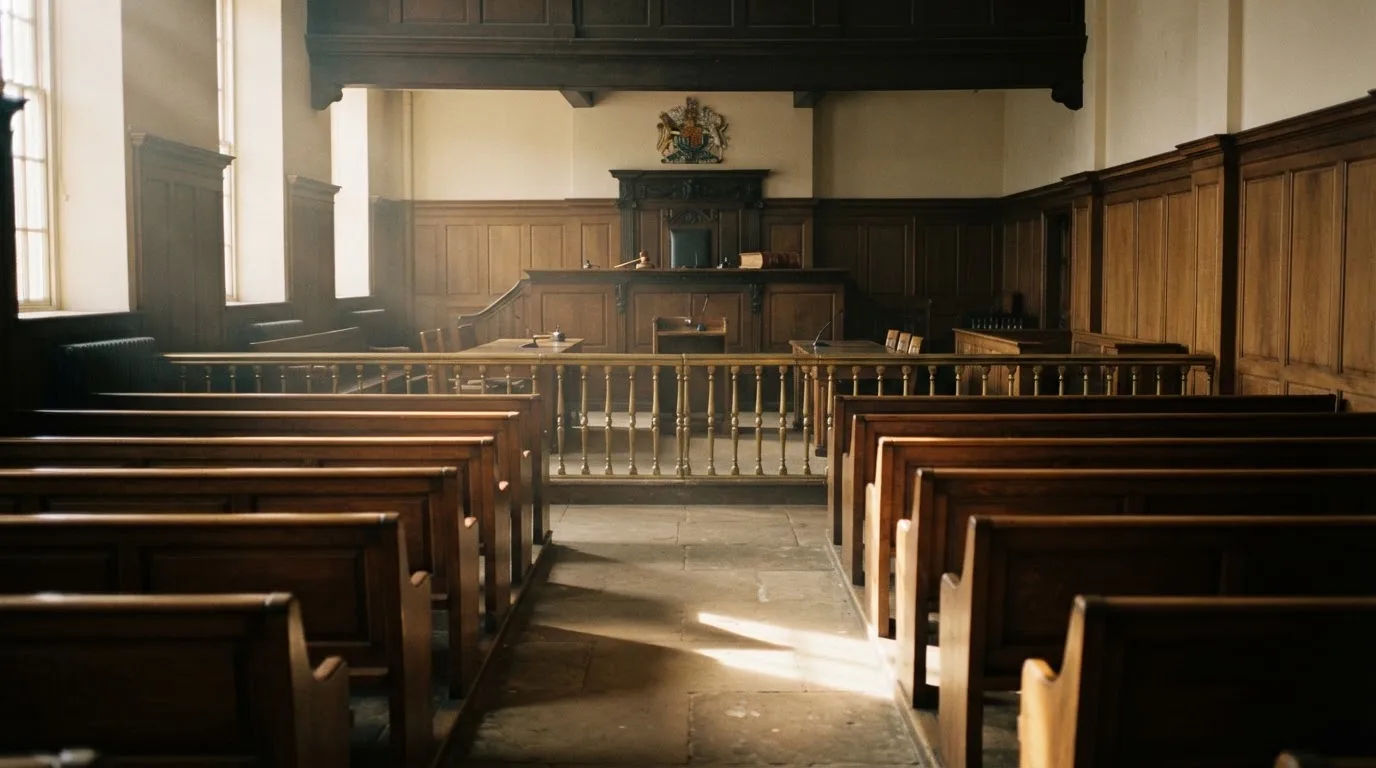 An empty courtroom with wooden benches in morning light