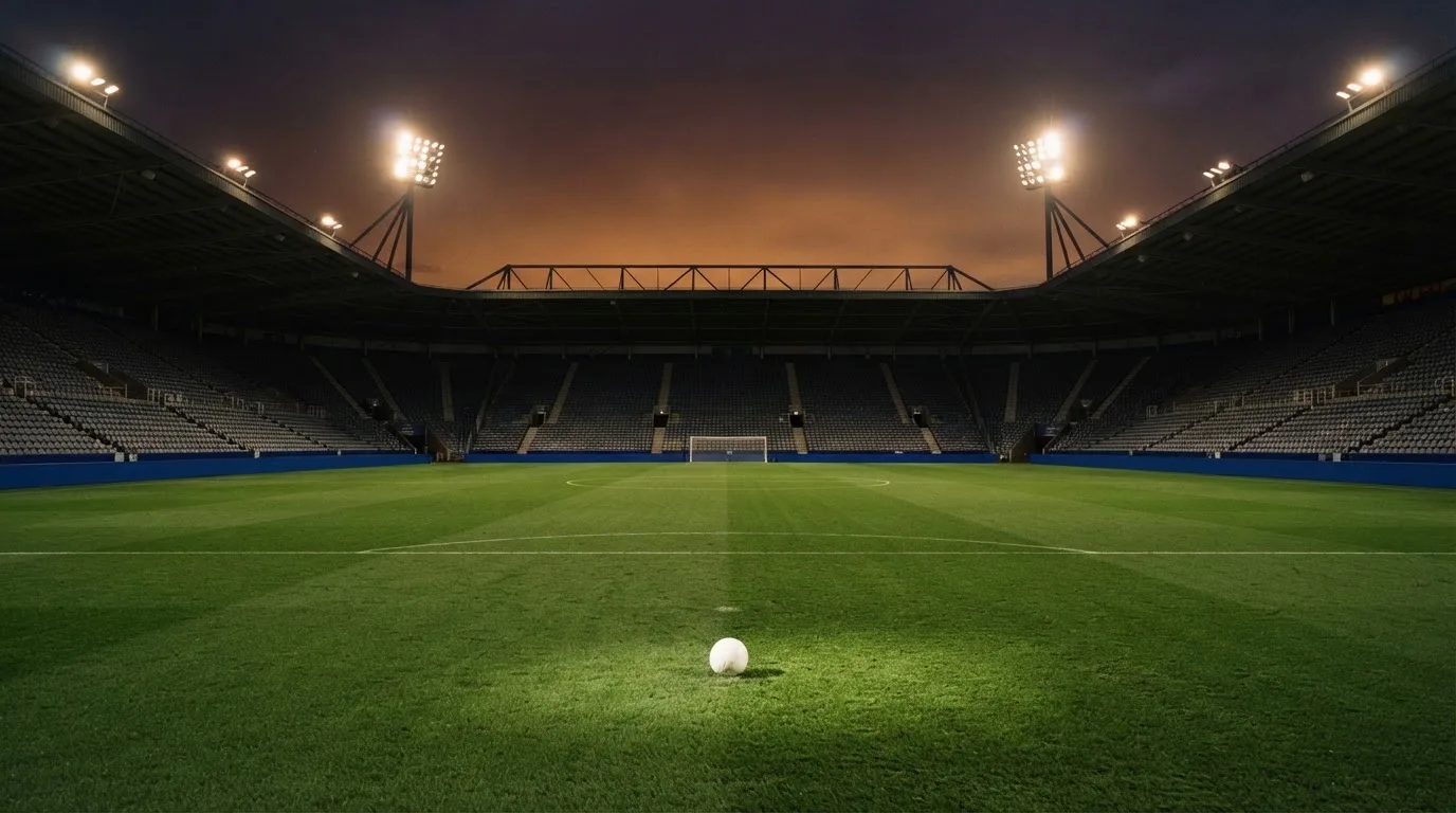 An empty football stadium with floodlight masts at dusk