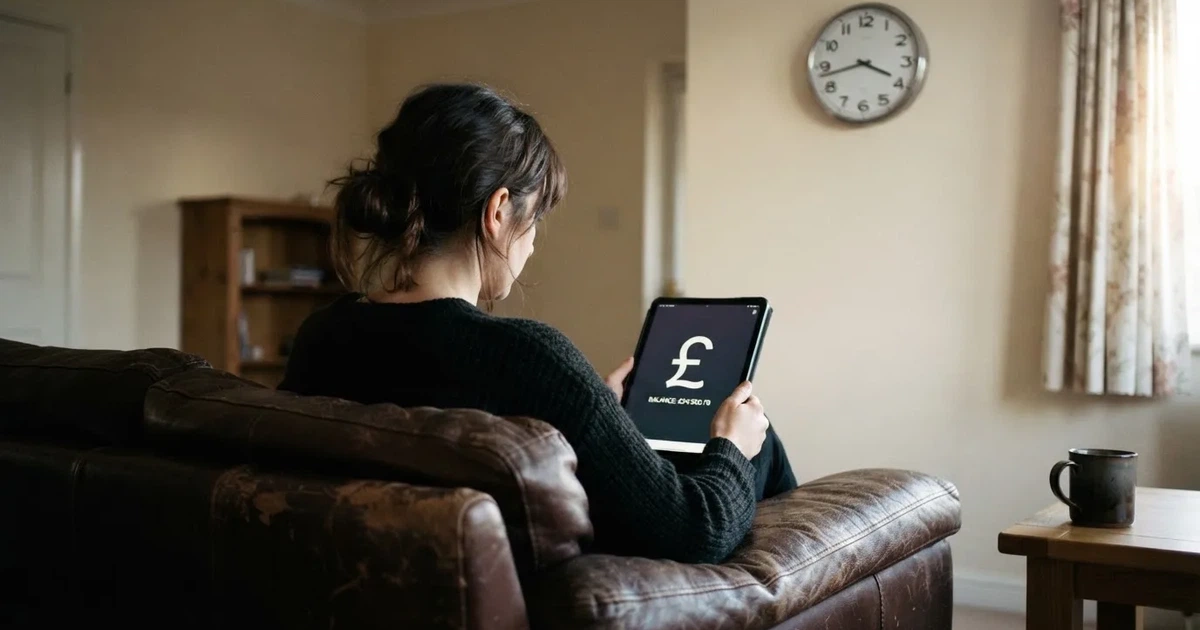 A person on a sofa looking thoughtfully at a tablet, a wall clock in the background