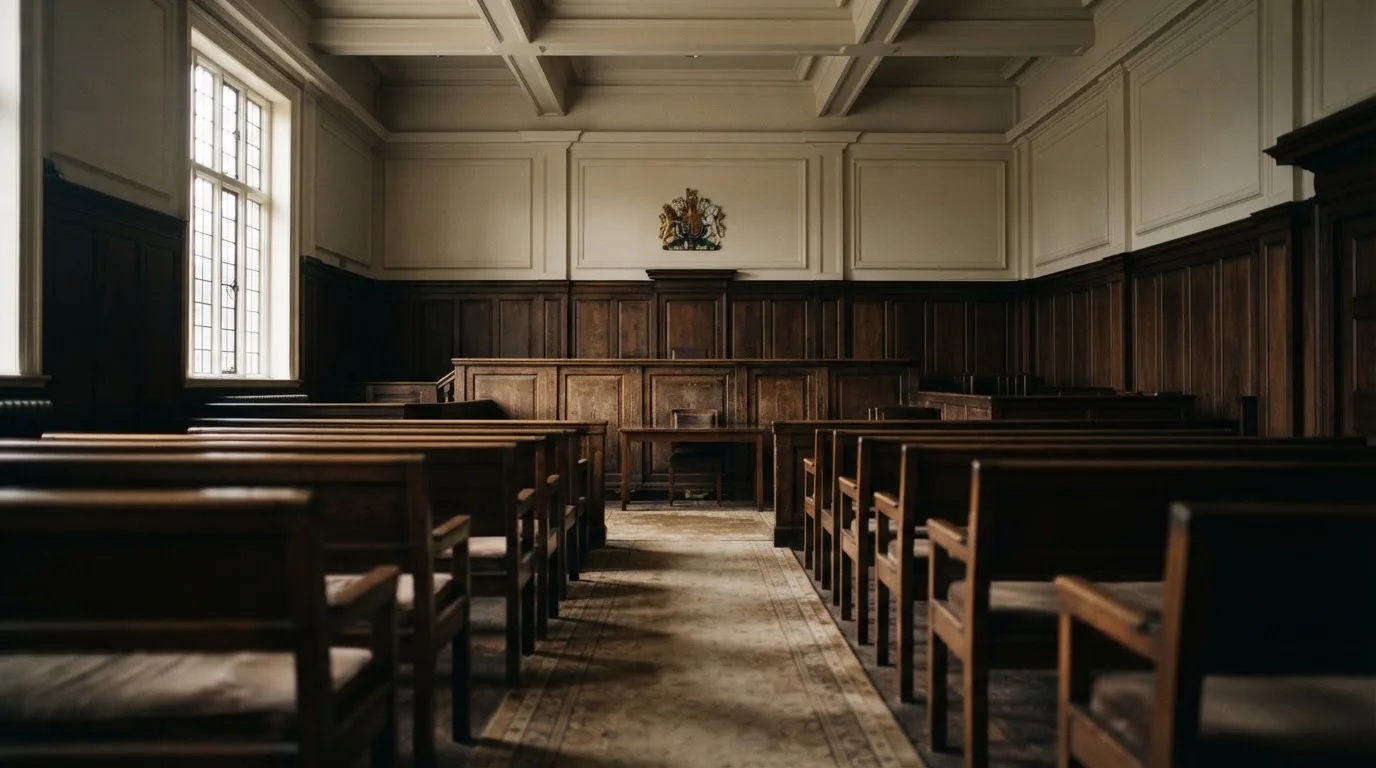 An empty courtroom with wooden benches in morning light