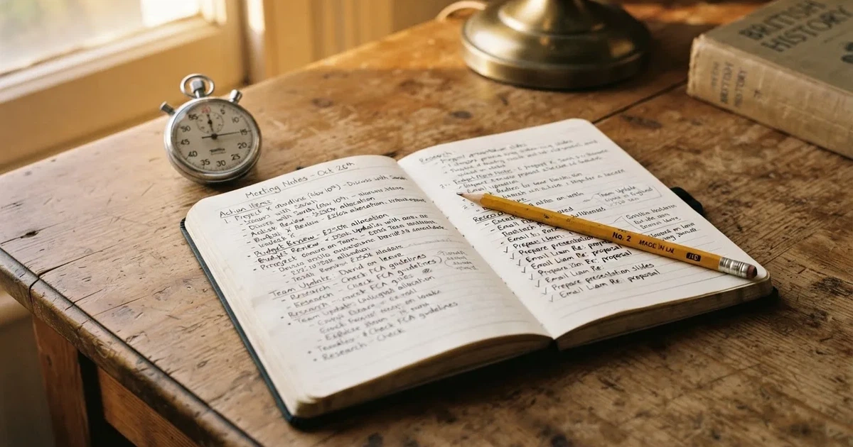 An open notebook with a pencil and a stopwatch on a wooden table
