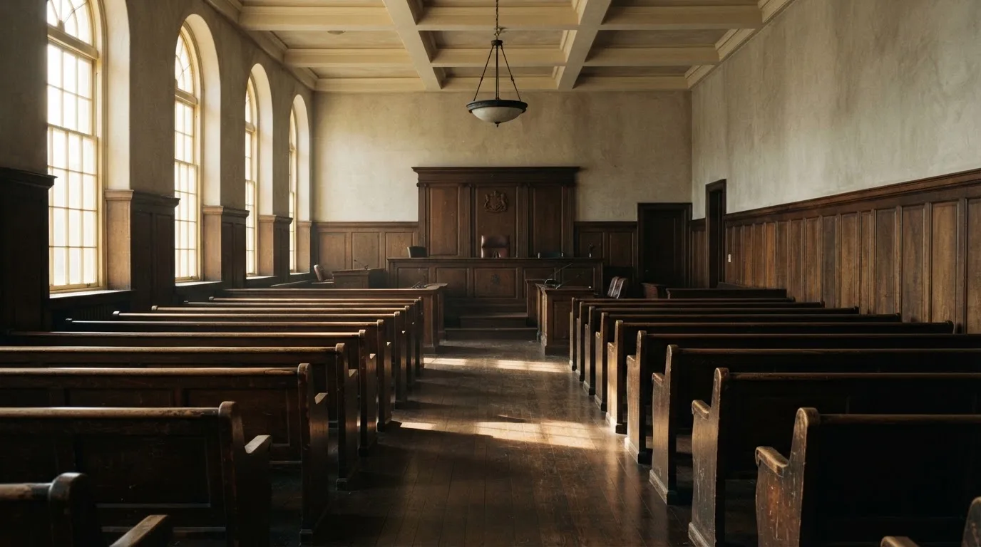 An empty courtroom with wooden benches in morning light