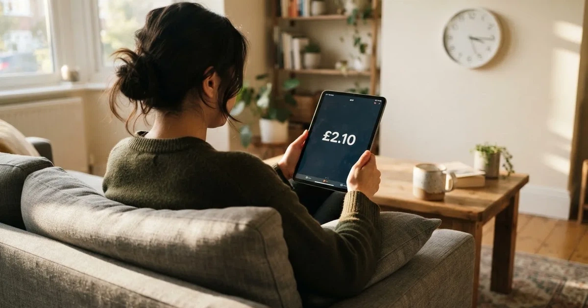 A person on a sofa looking thoughtfully at a tablet, a wall clock in the background