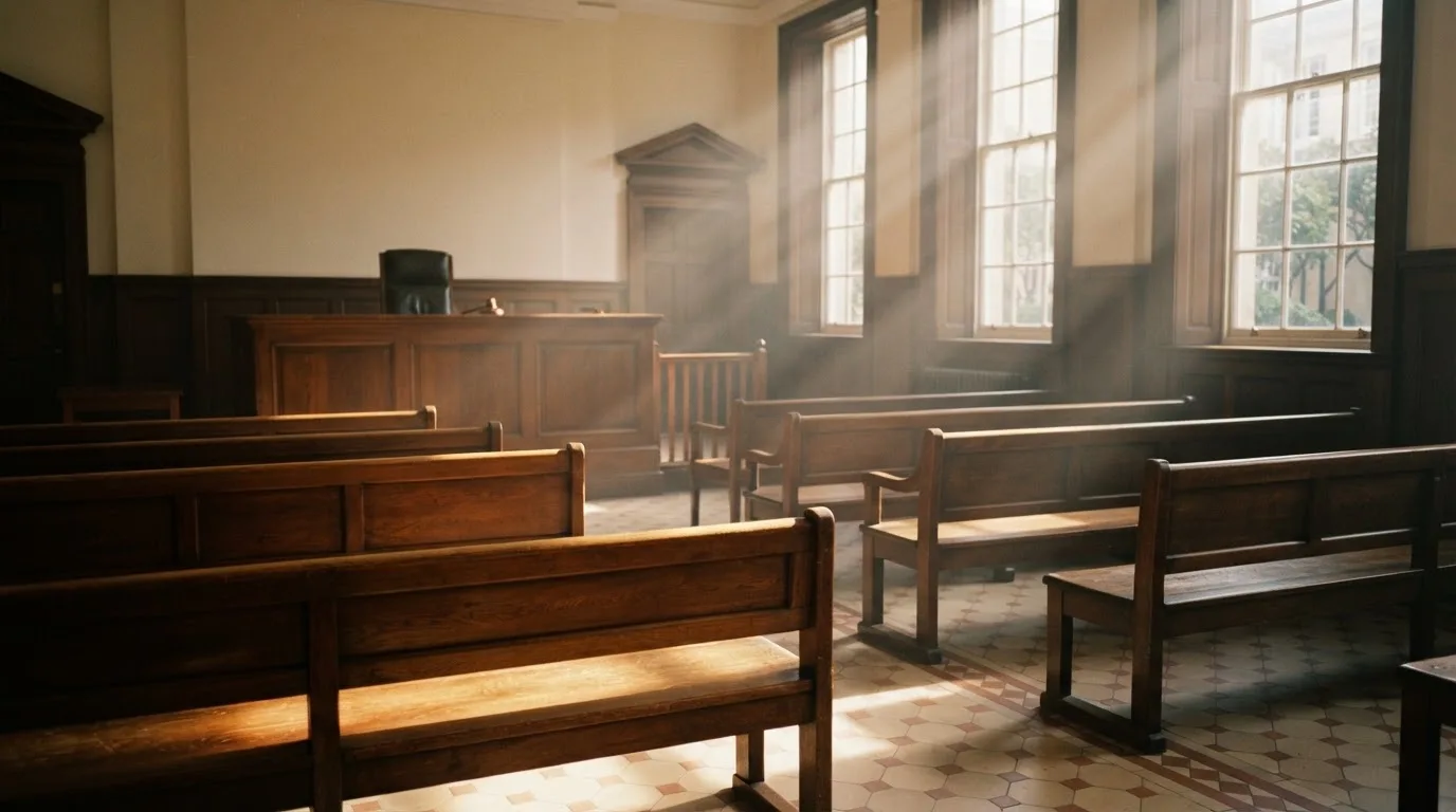 An empty courtroom with wooden benches in morning light