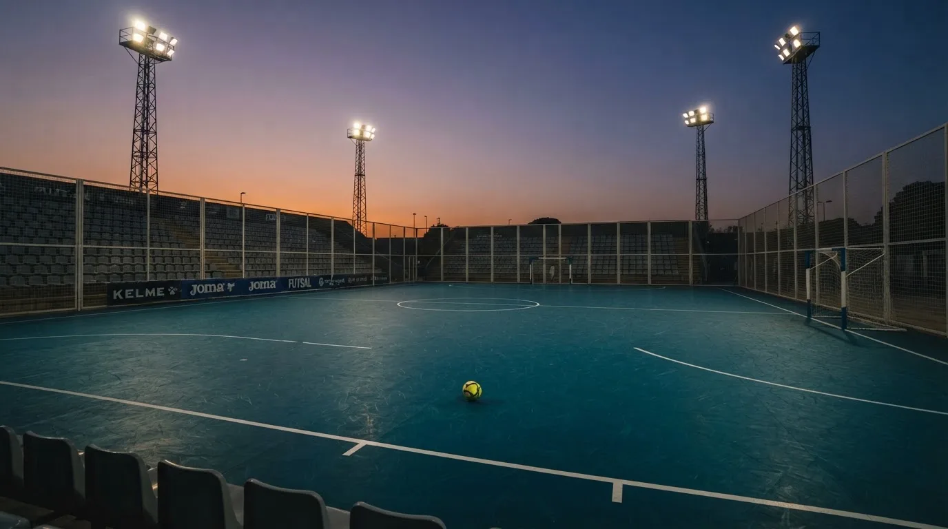 An empty football stadium with floodlight masts at dusk