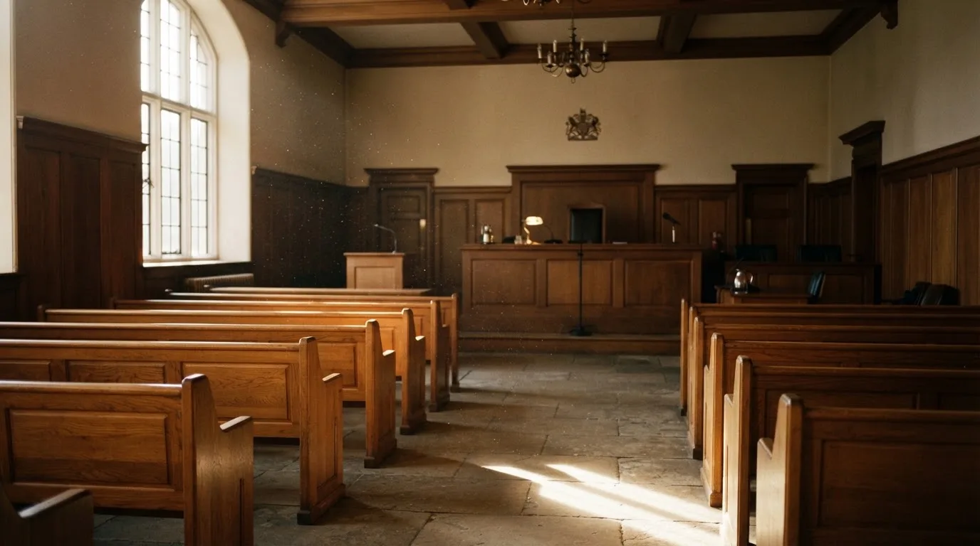 An empty courtroom with wooden benches in morning light
