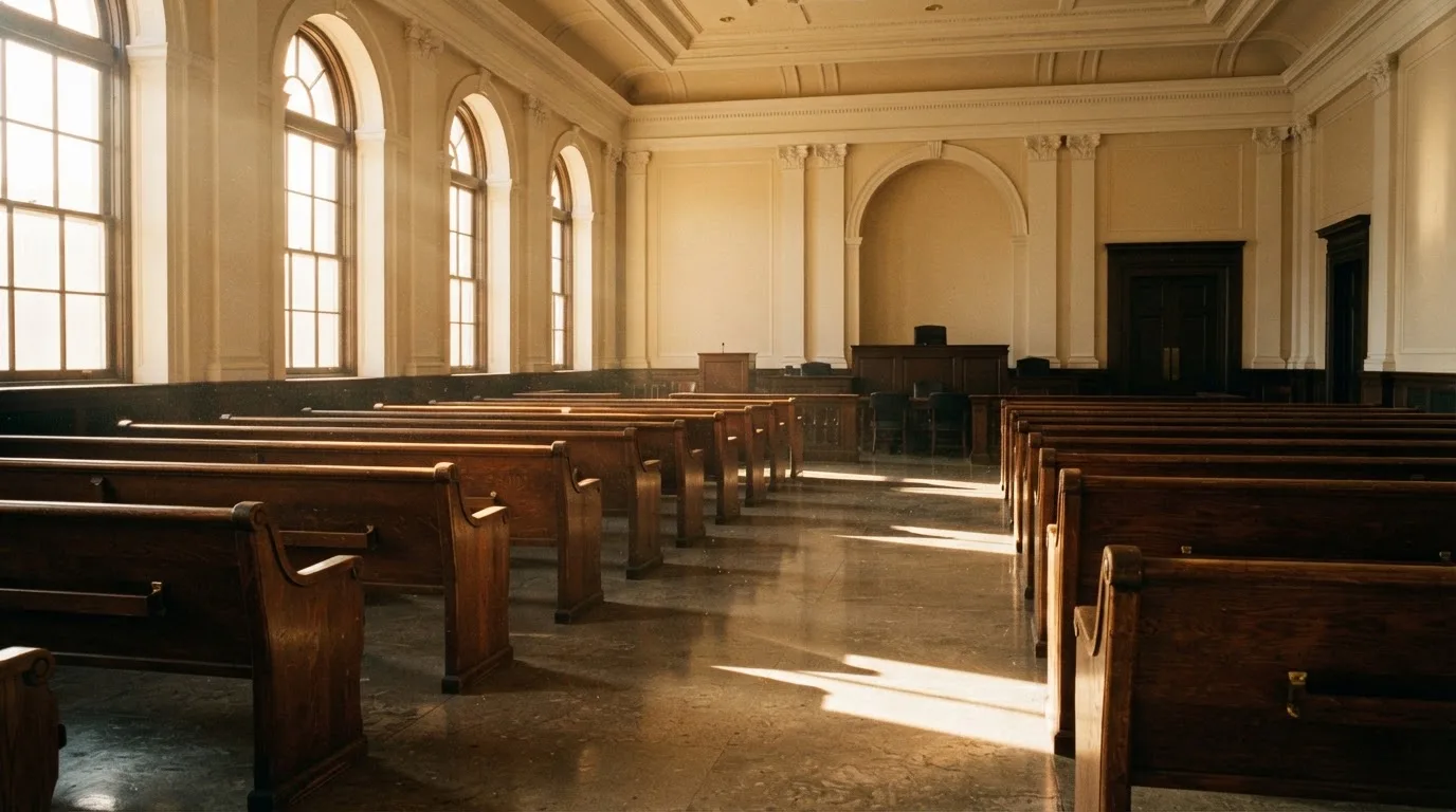 An empty courtroom with wooden benches in morning light